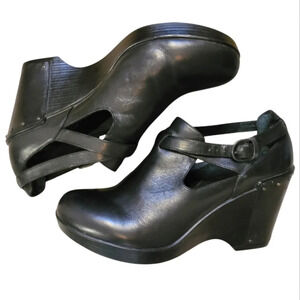 DANSKO Franka black leather wedge ankle strap studs heeled clogs casual W 10.5